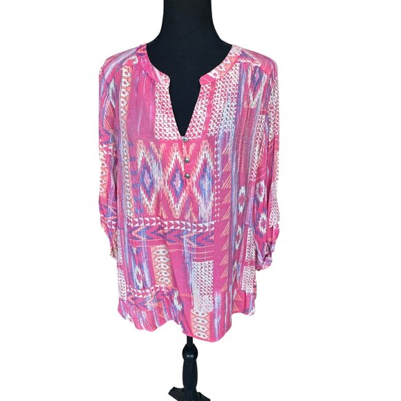 Como Vintage Womens Pink Aztec Boho Print Tunic Blouse XL Cottage Core Hippie - Picture 8 of 11